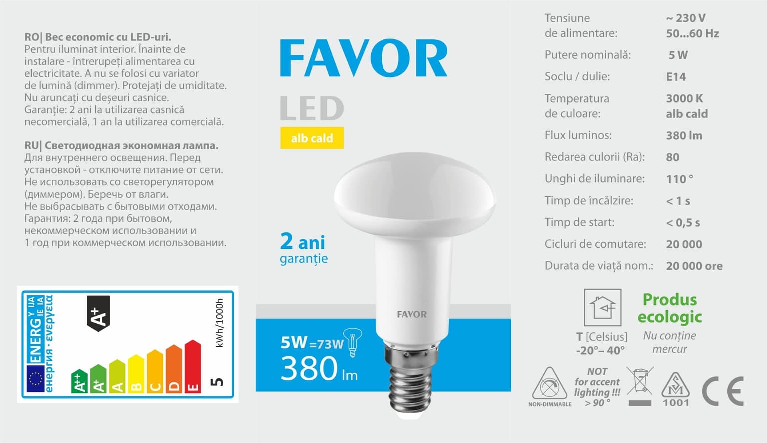 Bec LED Favor R50 5W E14 3000K