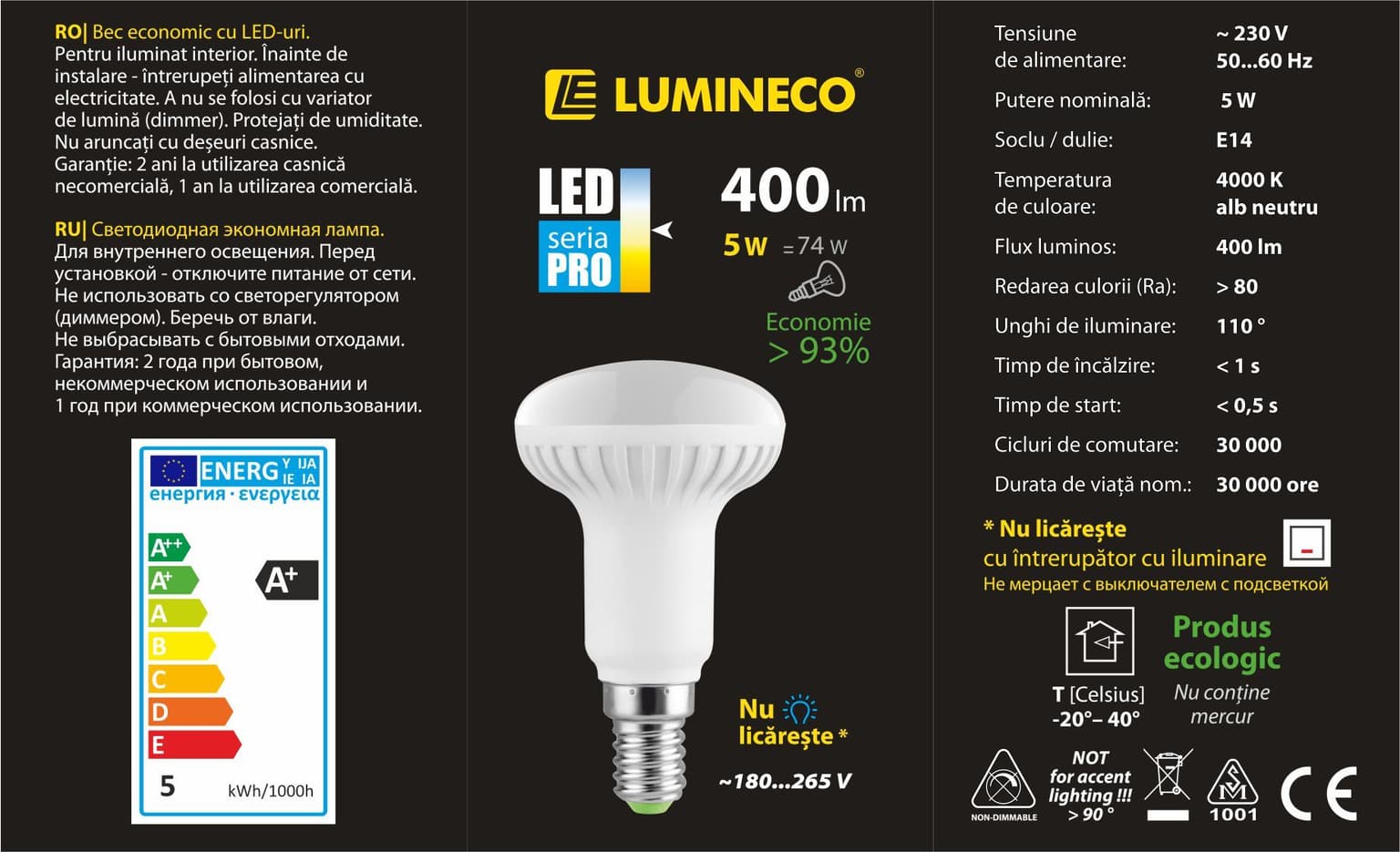 Bec LED Lumineco PRO R50 5W E14 4000K