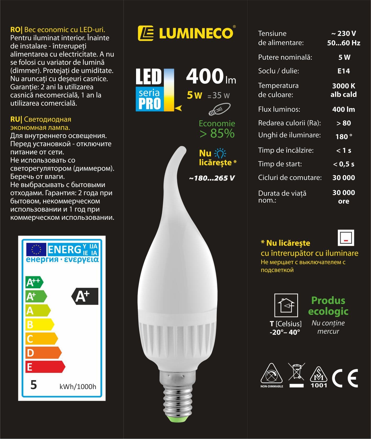 Bec LED Lumineco PRO C37 Breeze 5W E14 3000K