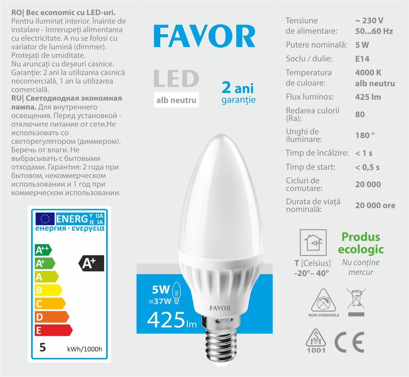Bec LED Favor C37 5W E14 4000K