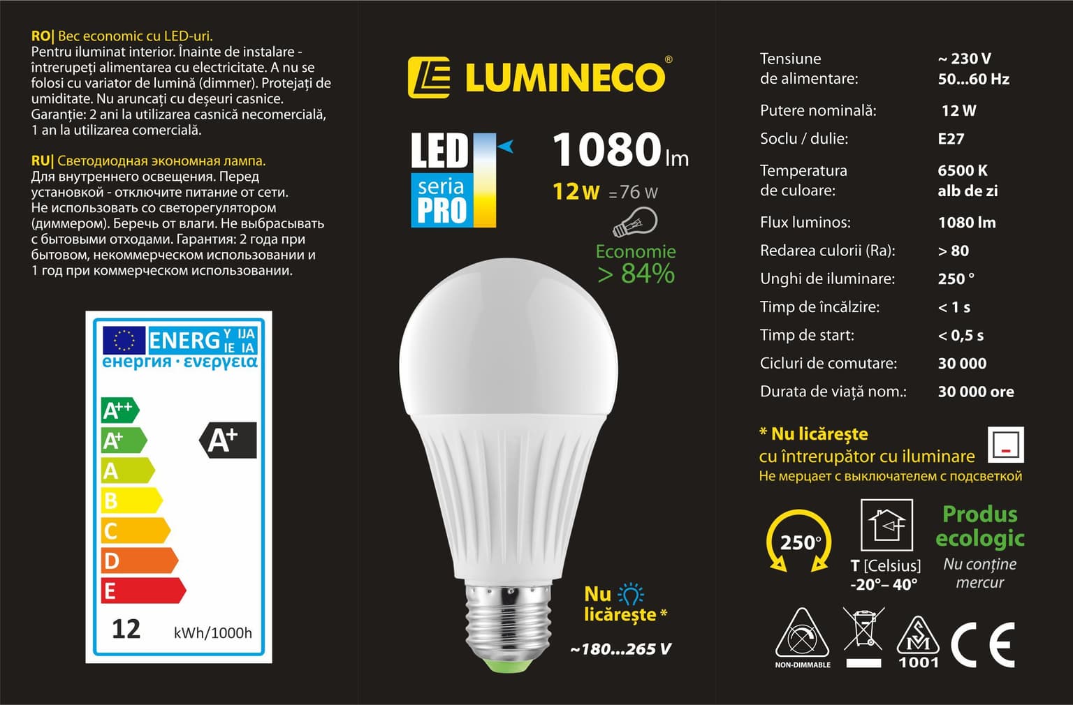 Bec LED Lumineco PRO A67 12W E27 6500K