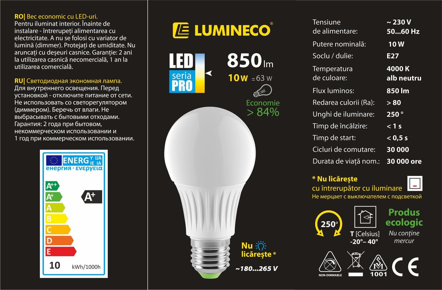 Bec LED Lumineco PRO A60 10W E27 4000K