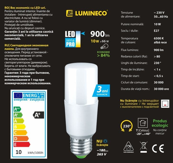 Bec LED LUMINECO PRO T39 10W E27 6500K