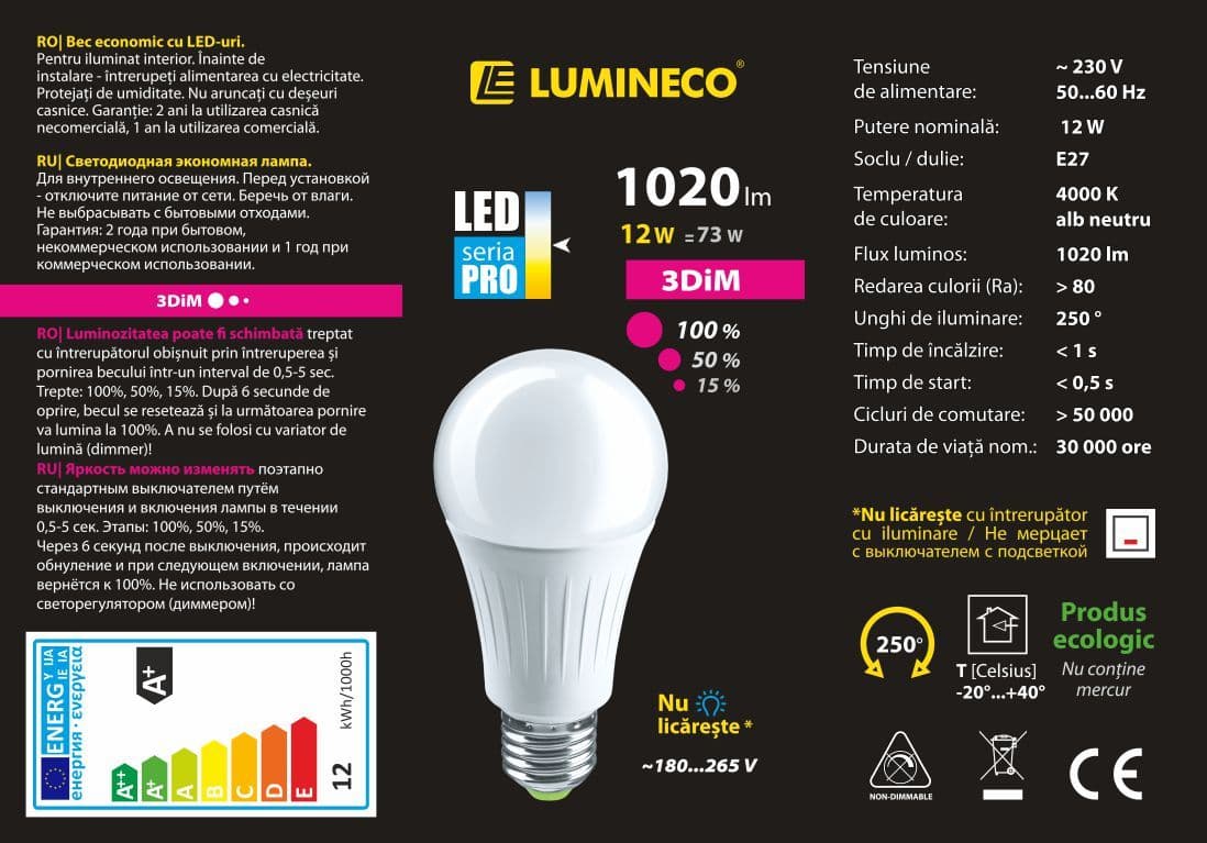Bec LED LUMINECO PRO 3DIM A60 12W E27 4000K