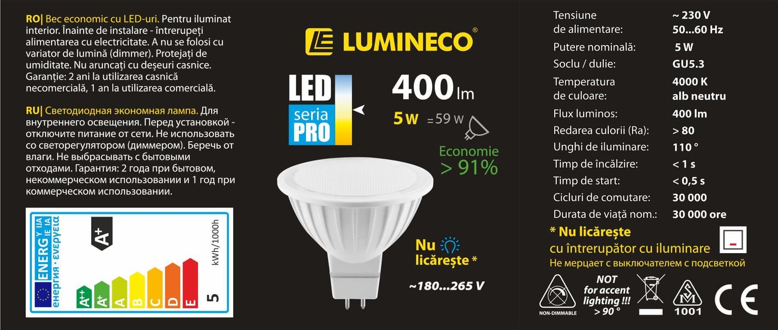 Bec LED Lumineco PRO MR16 5W GU5.3 4000K