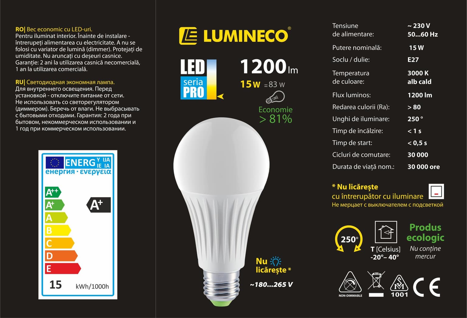 Bec LED Lumineco PRO A67 15W E27 3000K