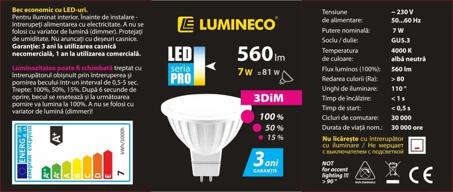 Bec LED LUMINECO PRO 3DIM MR16 7W GU5.3 4000K