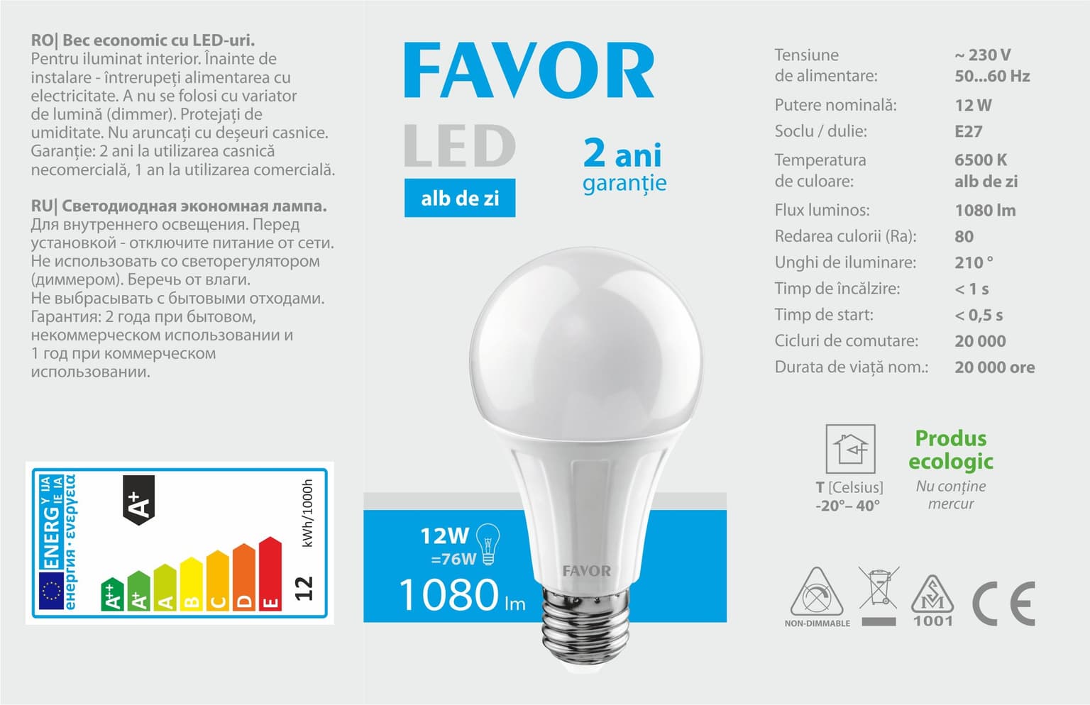 Bec LED Favor A65 12W E27 6500K