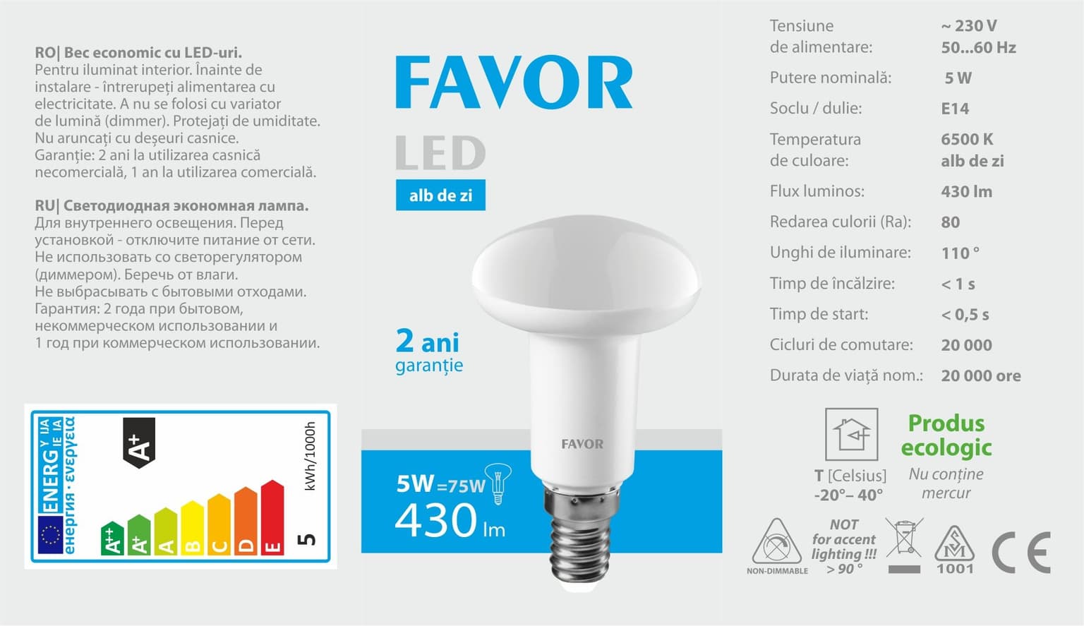 Bec LED Favor R50 5W E14 6500K