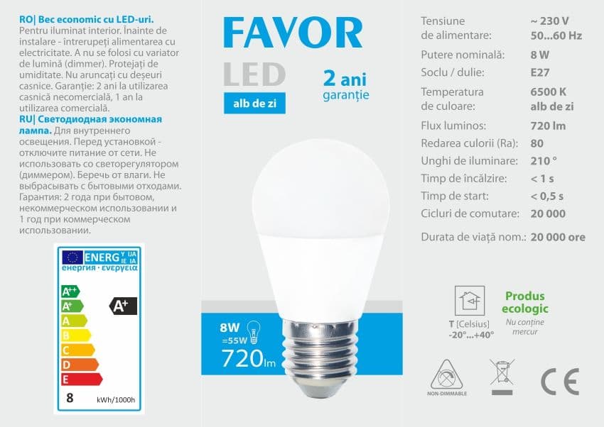 Bec LED Favor G45 8W E27 6500K