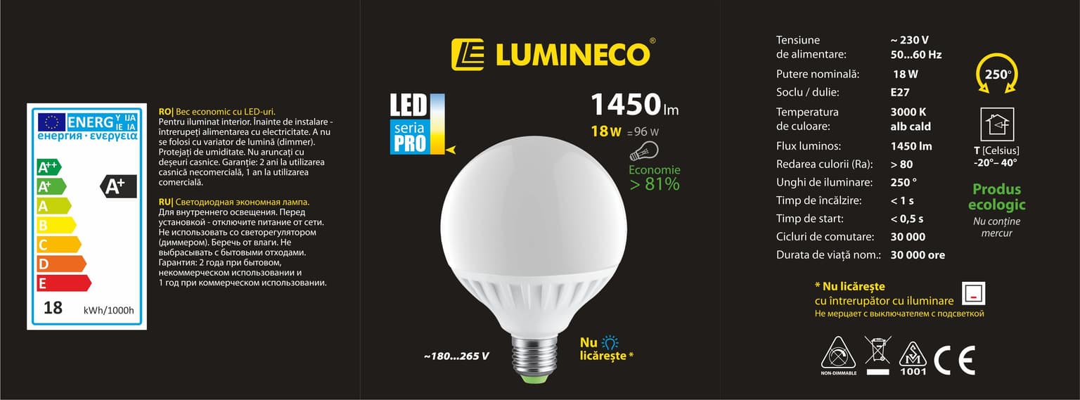 Bec LED Lumineco PRO G105 18W E27 3000K