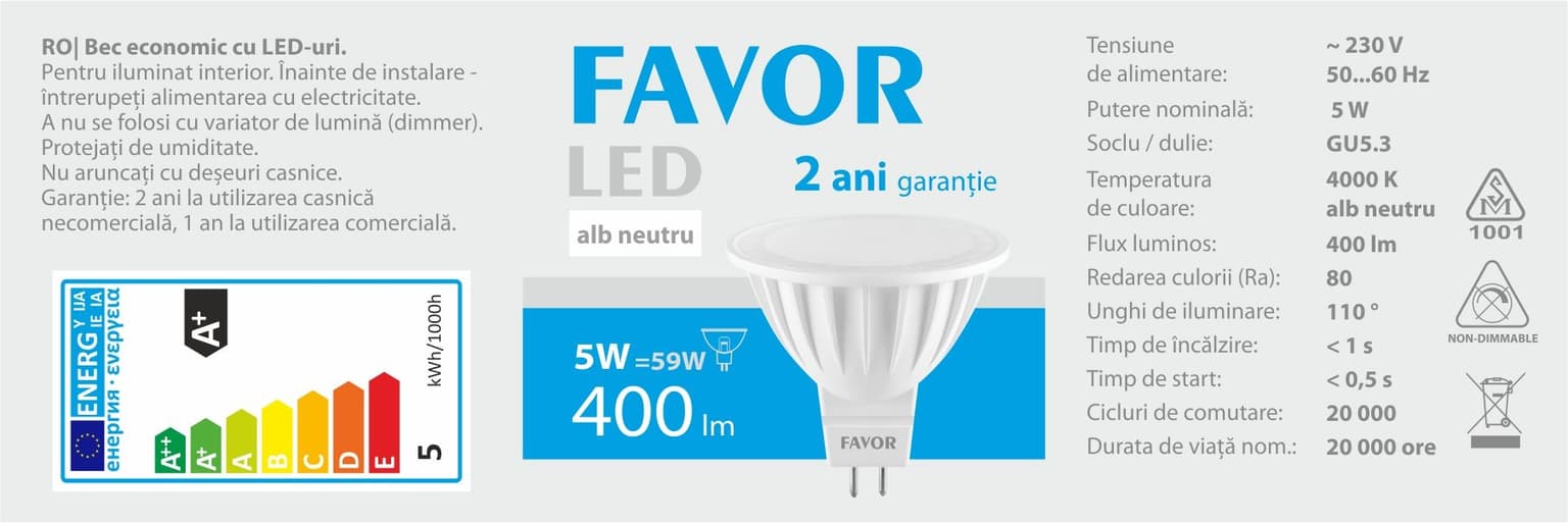 Bec LED Favor MR16 5W GU5.3 4000K