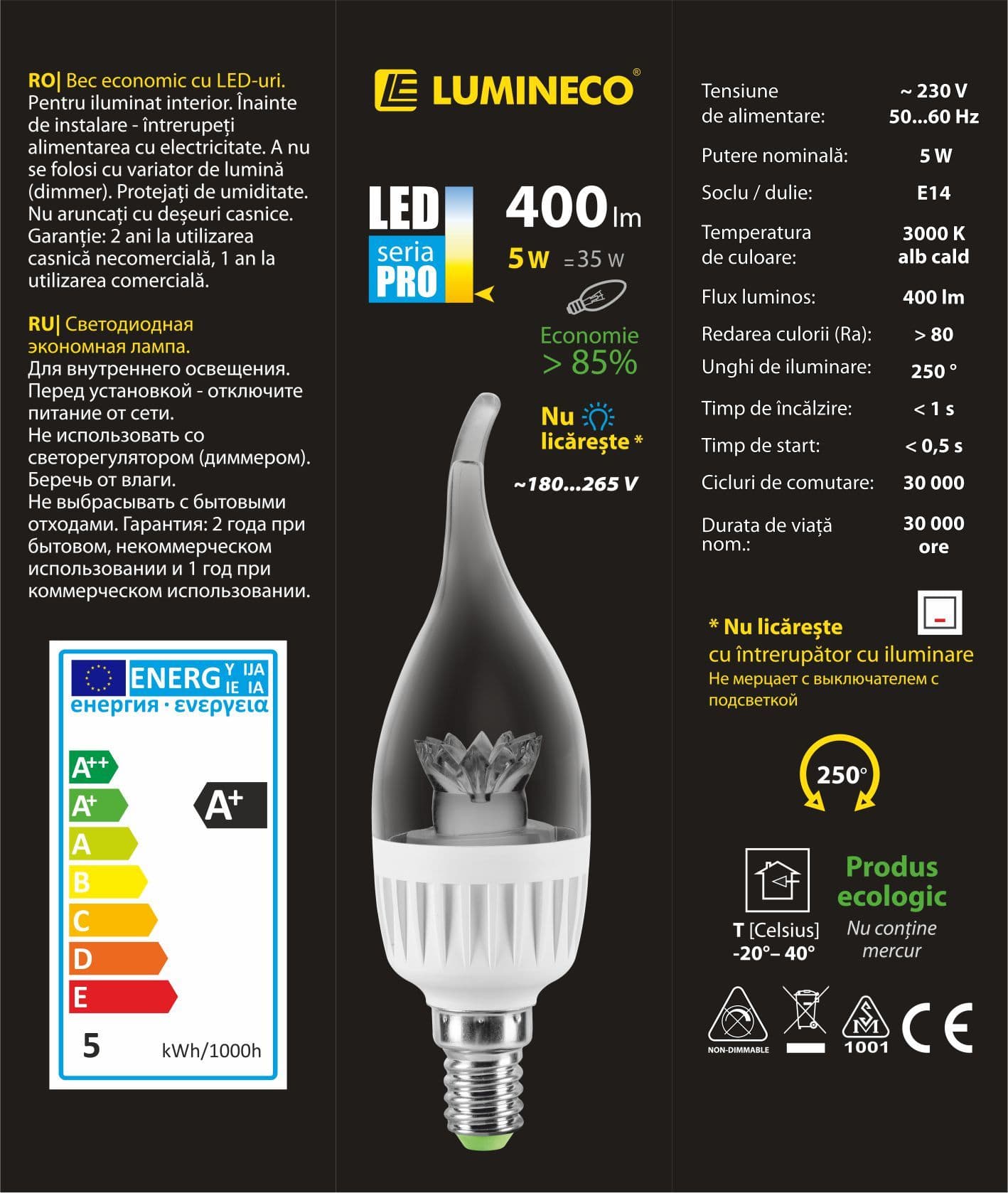 Bec LED Lumineco PRO C37 Breeze Clear 5W E14 3000K