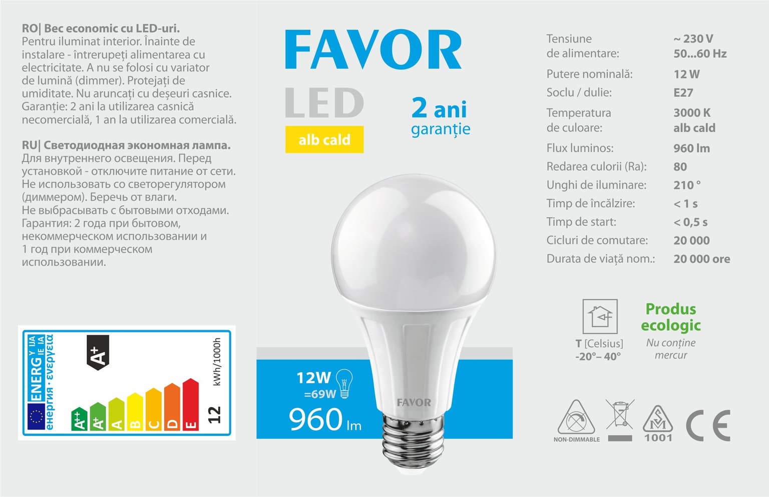 Bec LED Favor A65 12W E27 3000K