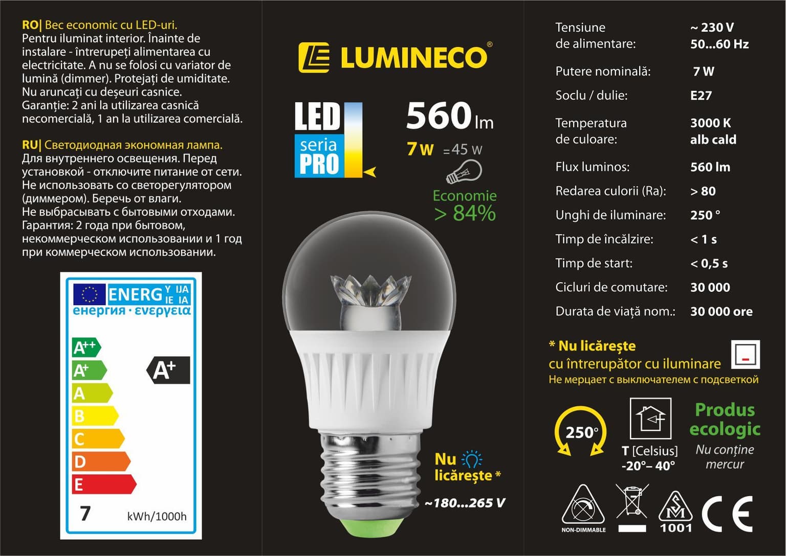 Bec LED Lumineco PRO G45 Clear 7W E27 3000K