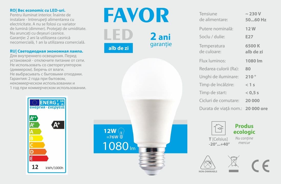 Bec LED Favor A60 12W E27 6500K