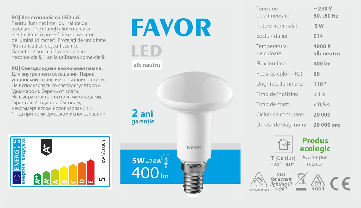 Bec LED Favor R50 5W E14 4000K