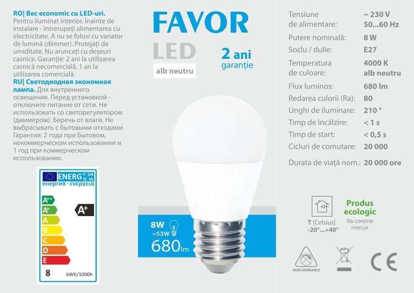 Bec LED Favor G45 8W E27 4000K