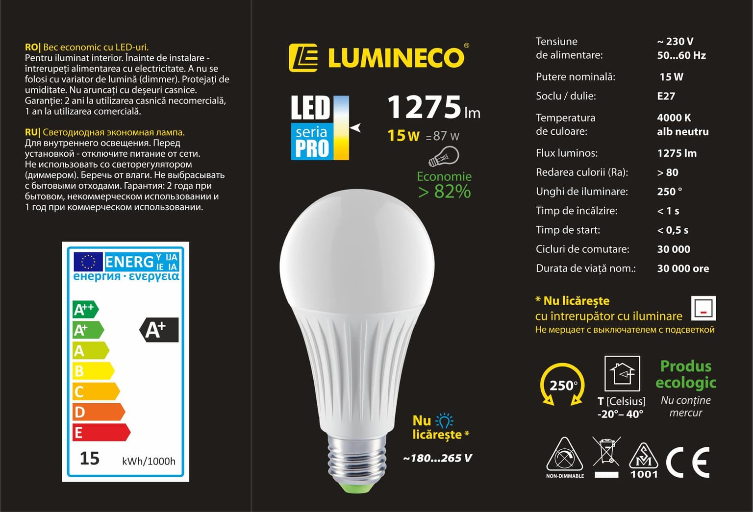 Bec LED Lumineco PRO A67 15W E27 4000K
