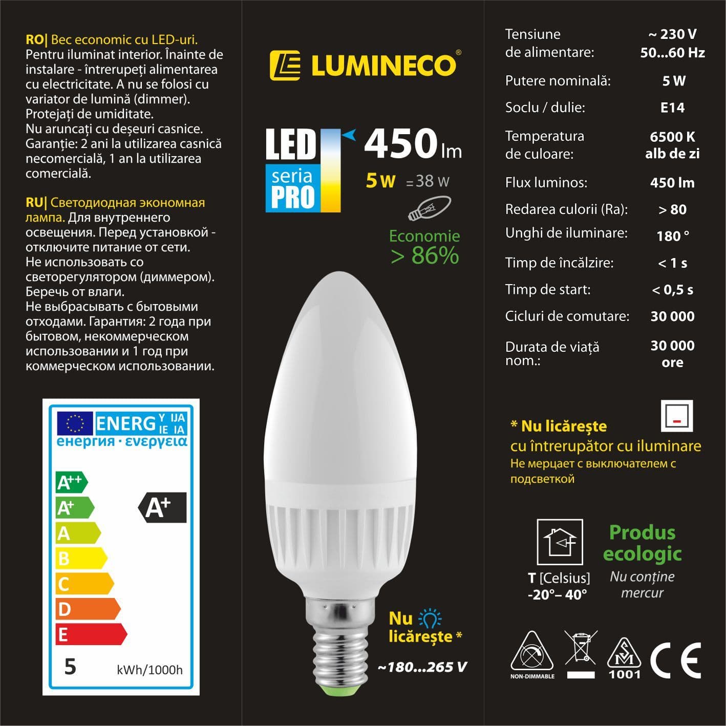 Bec LED Lumineco PRO C37 5W E14 6500K