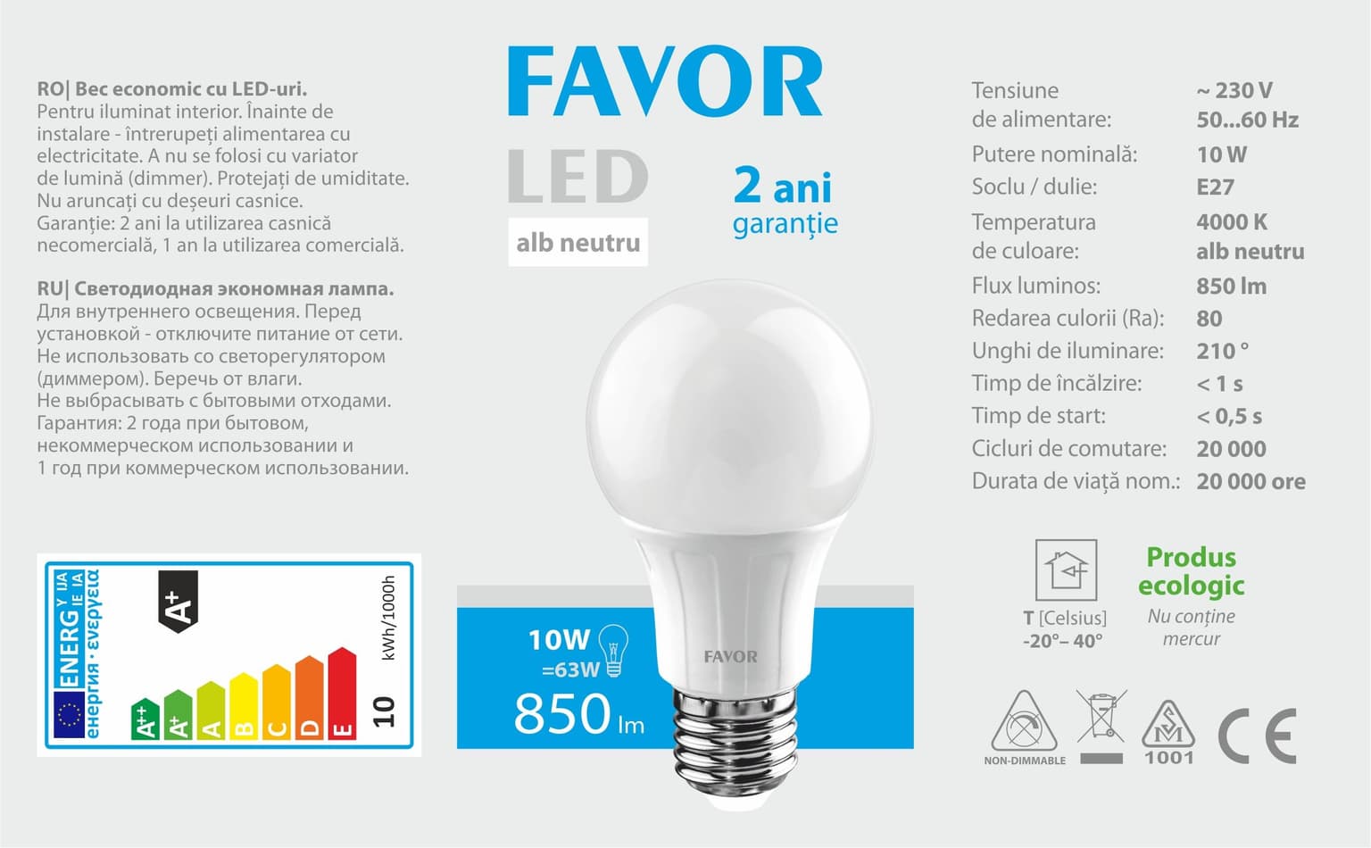 Bec LED Favor A60 10W E27 4000K