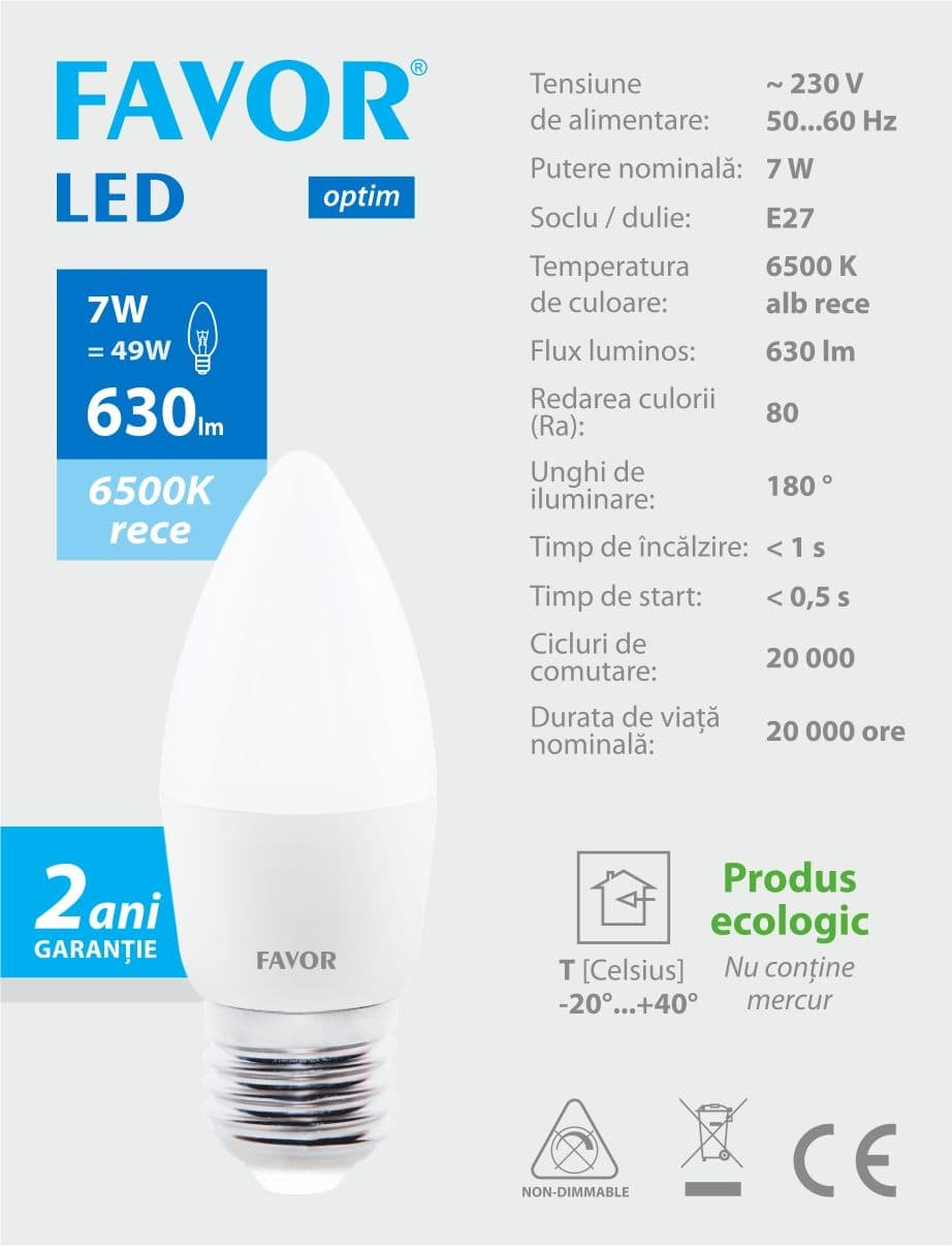Bec LED FAVOR OPTIM C37 7W E27 6500K