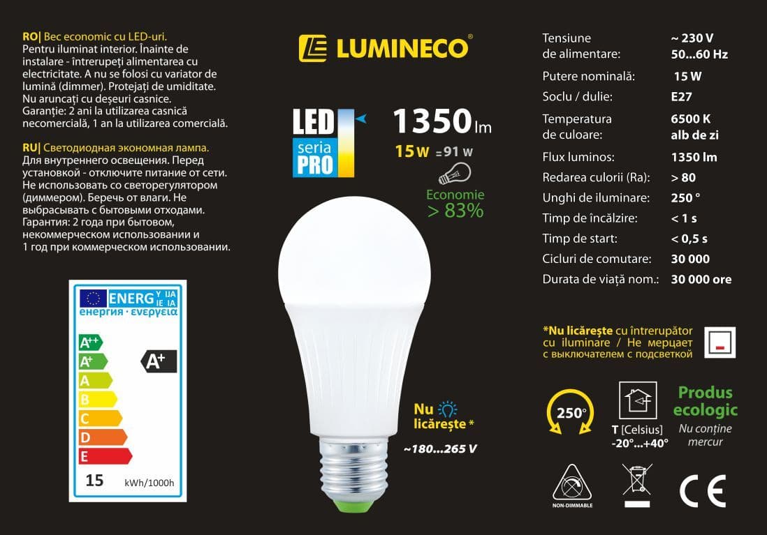 Bec LED Lumineco PRO A60 15W E27 6500K