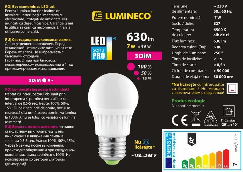 Bec LED LUMINECO PRO 3DIM G45 7W E27 6500K