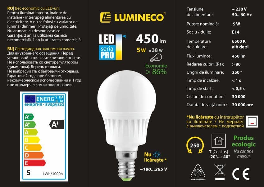 Bec LED Lumineco PRO G45 5W E14 6500K
