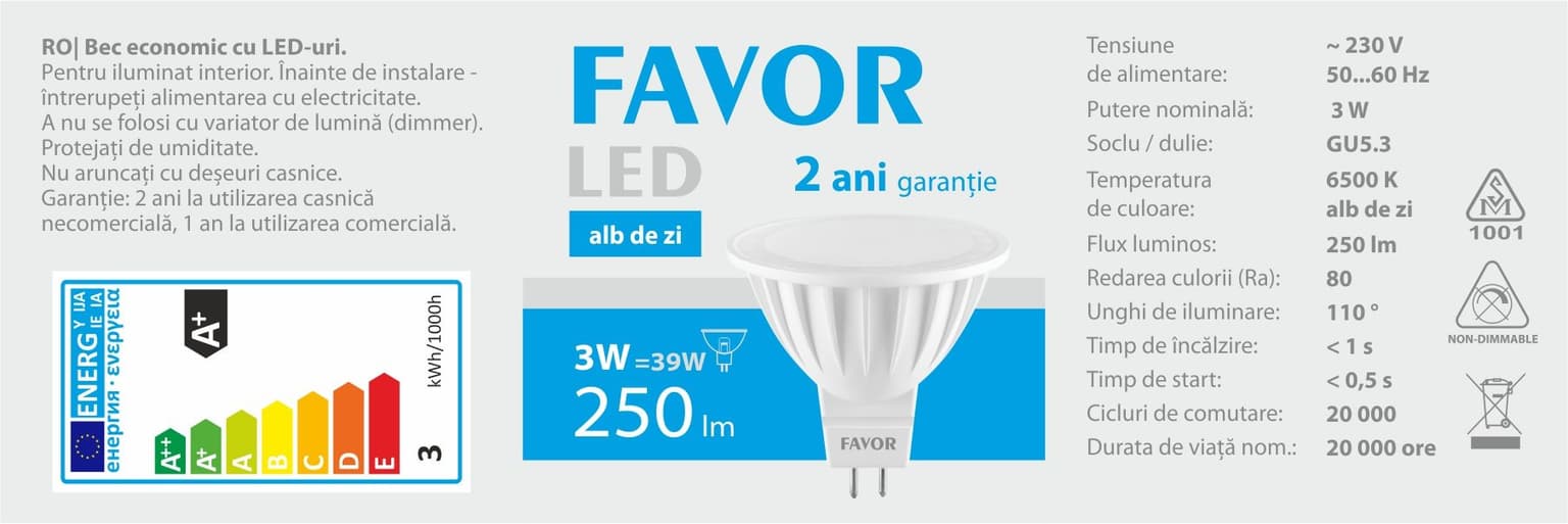 Bec LED Favor MR16 3W GU5.3 6500K