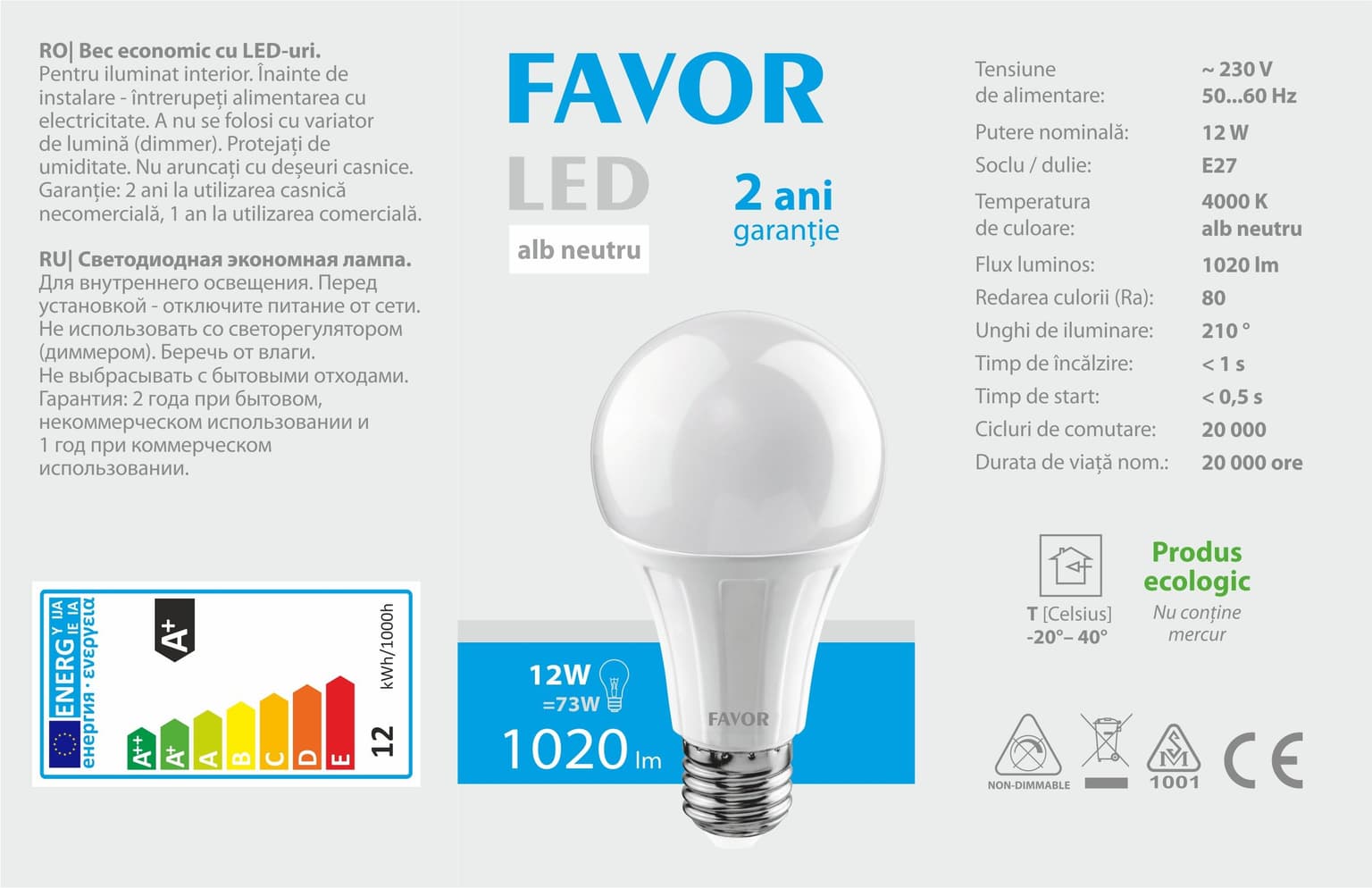 Bec LED Favor A65 12W E27 4000K