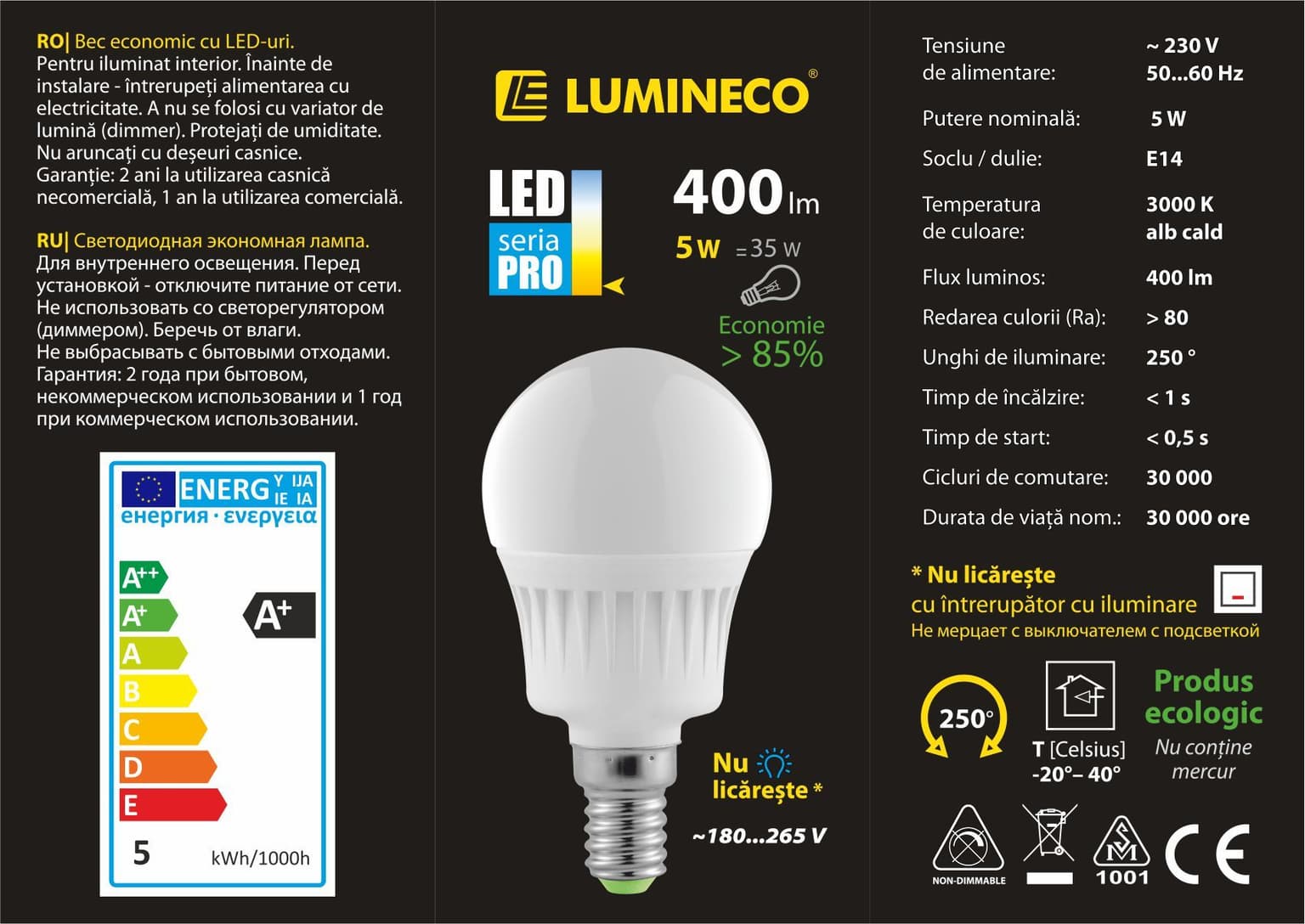 Bec LED Lumineco PRO G45 5W E14 3000K