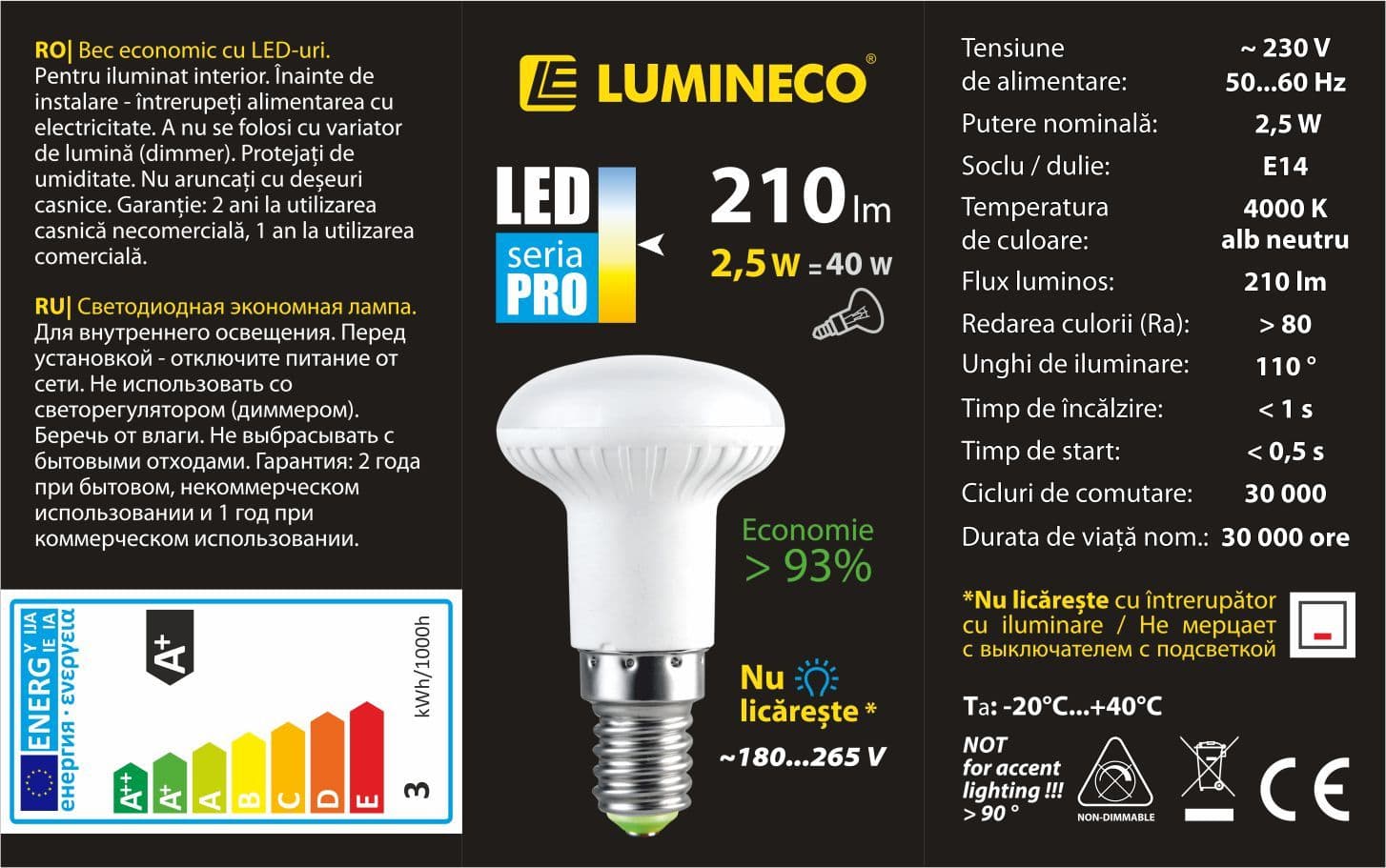 Bec LED Lumineco PRO R39 3W E14 4000K