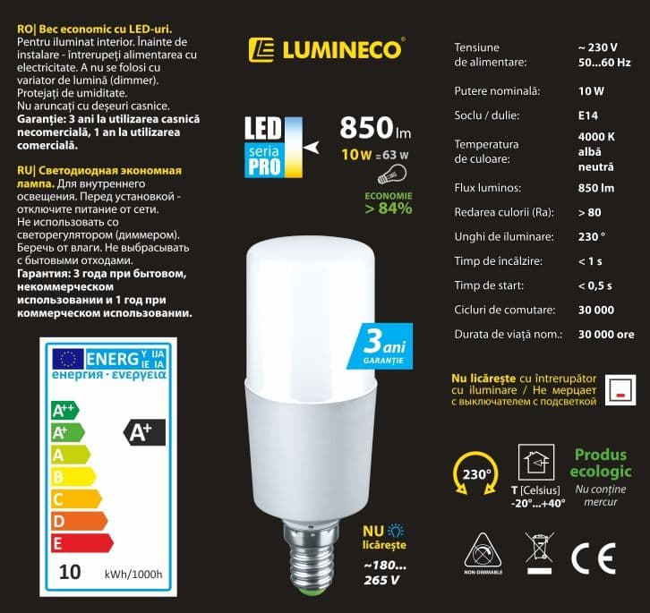 Bec LED LUMINECO PRO T39 10W E14 4000K