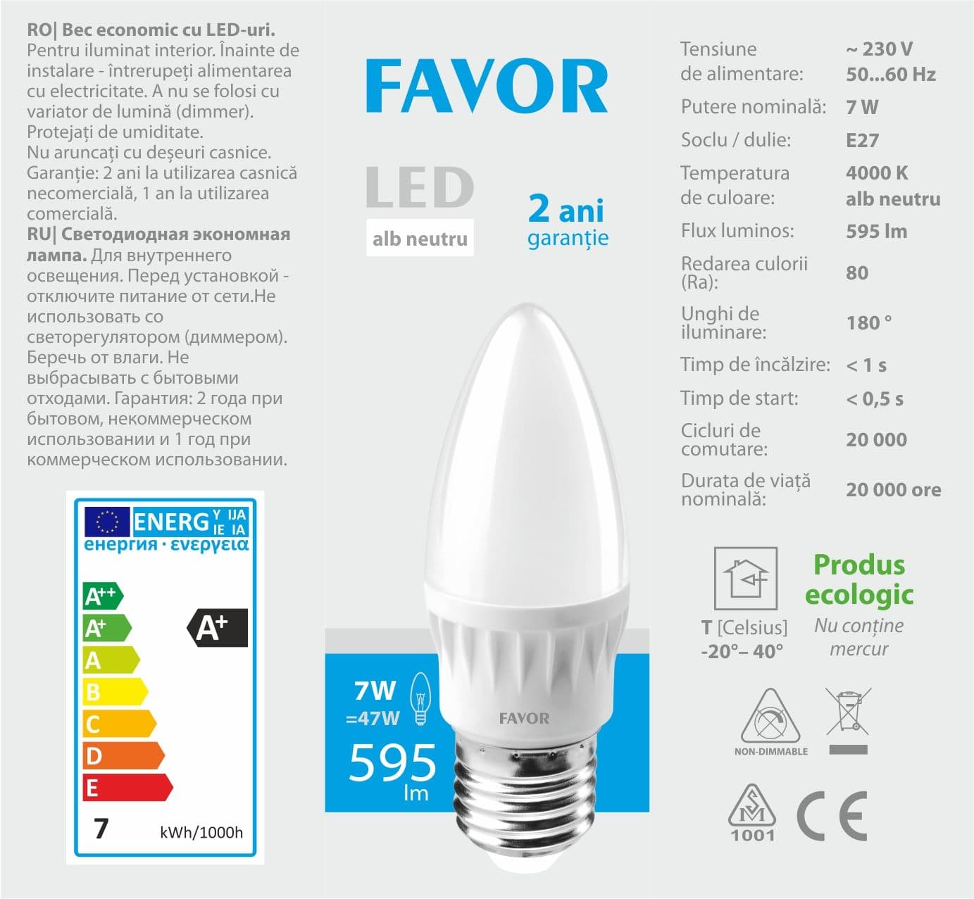Bec LED Favor C37 7W E27 4000K