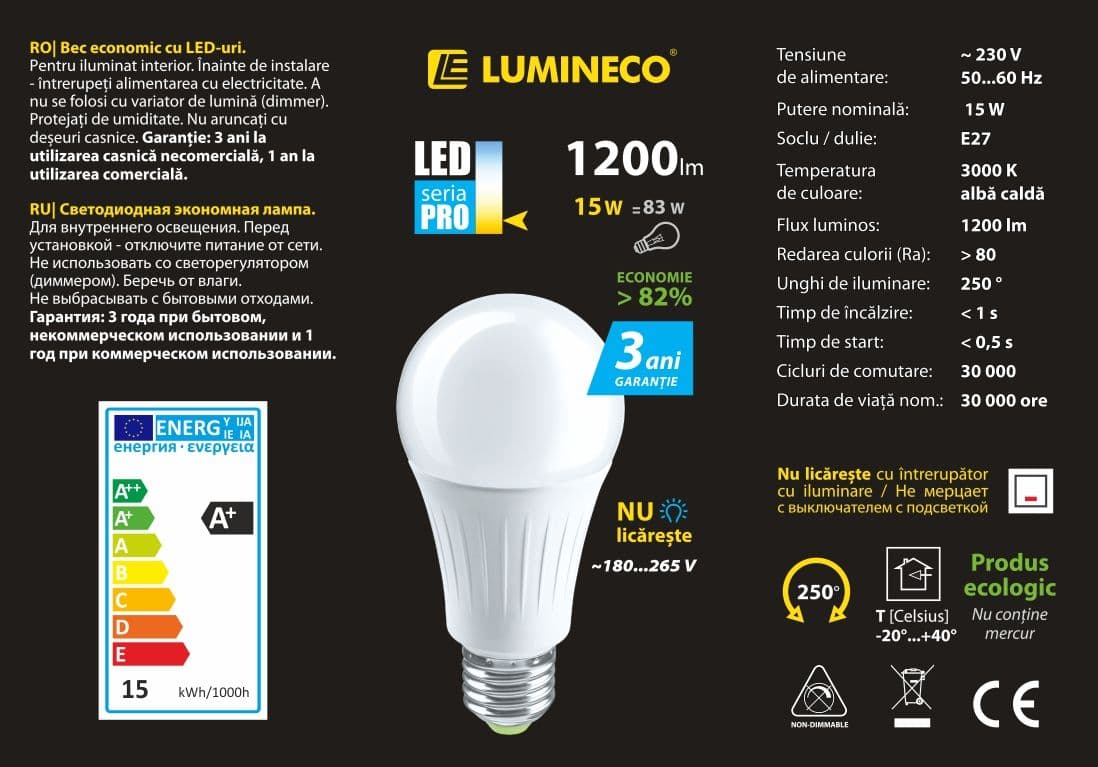 Bec LED Lumineco PRO A60 15W E27 3000K
