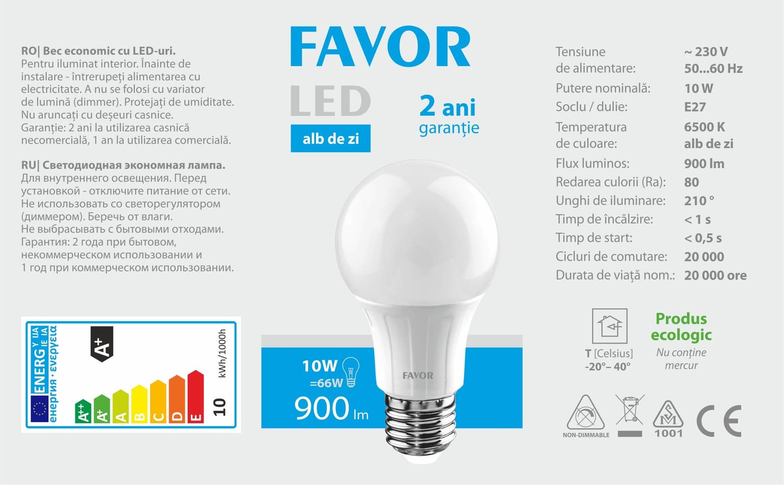 Bec LED Favor A60 10W E27 6500K