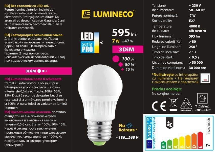 Bec LED LUMINECO PRO 3DIM G45 7W E27 4000K