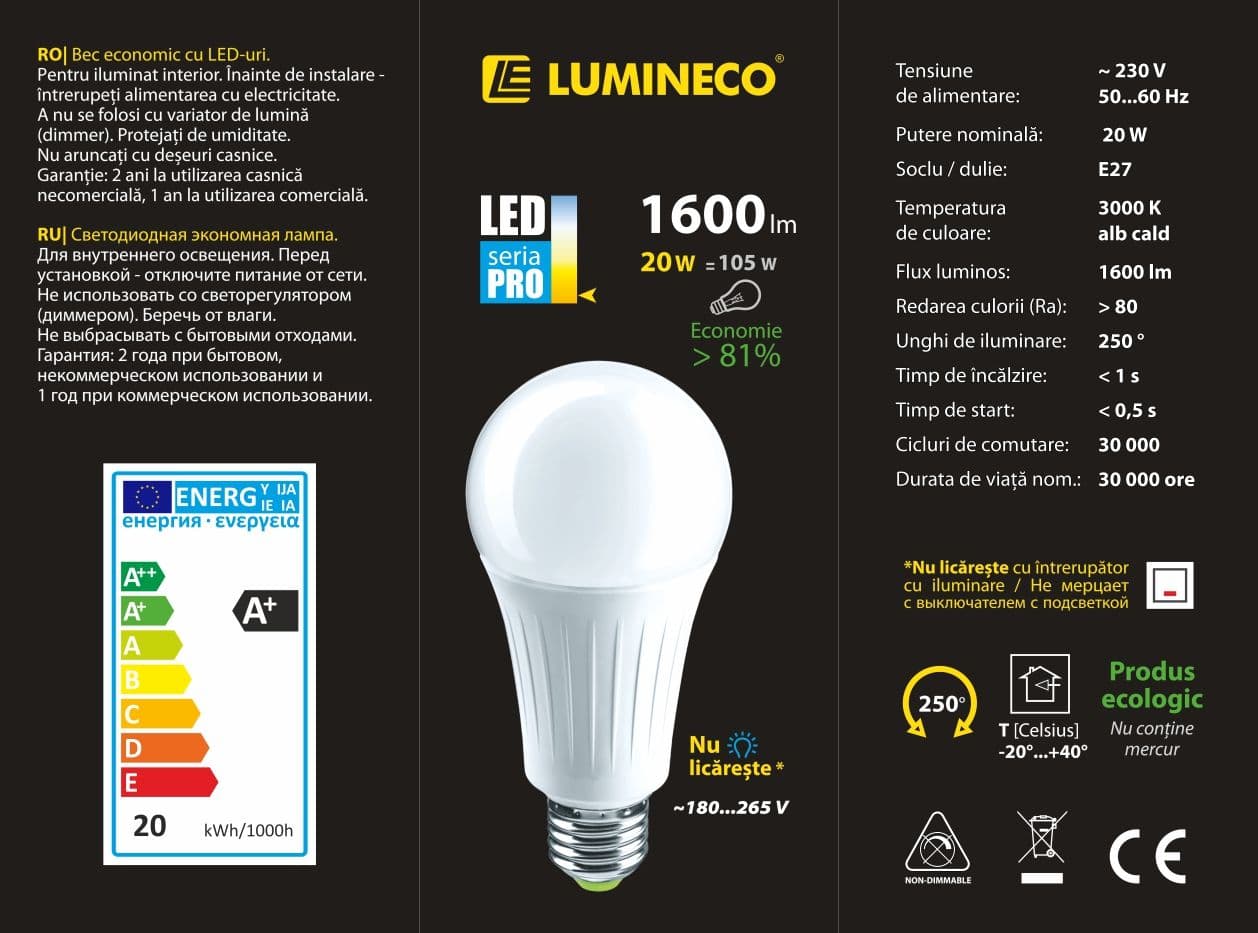 Bec LED Lumineco PRO A70 20W E27 3000K