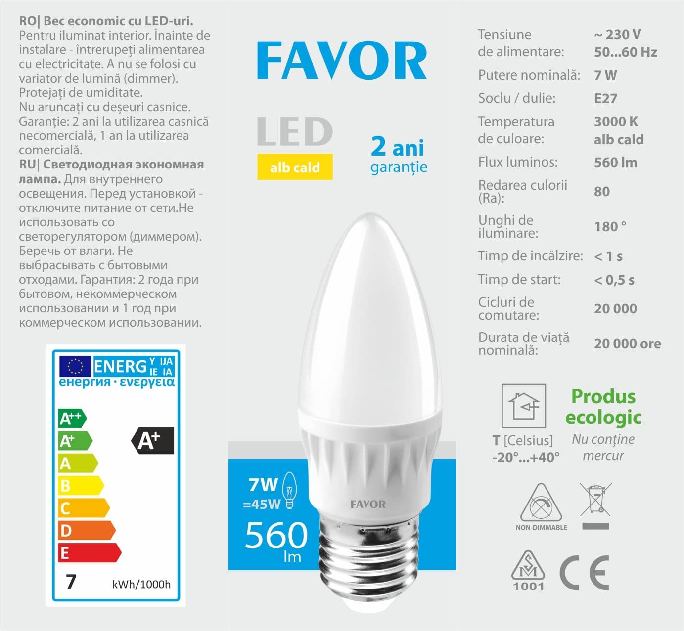 Bec LED Favor C37 7W E27 3000K