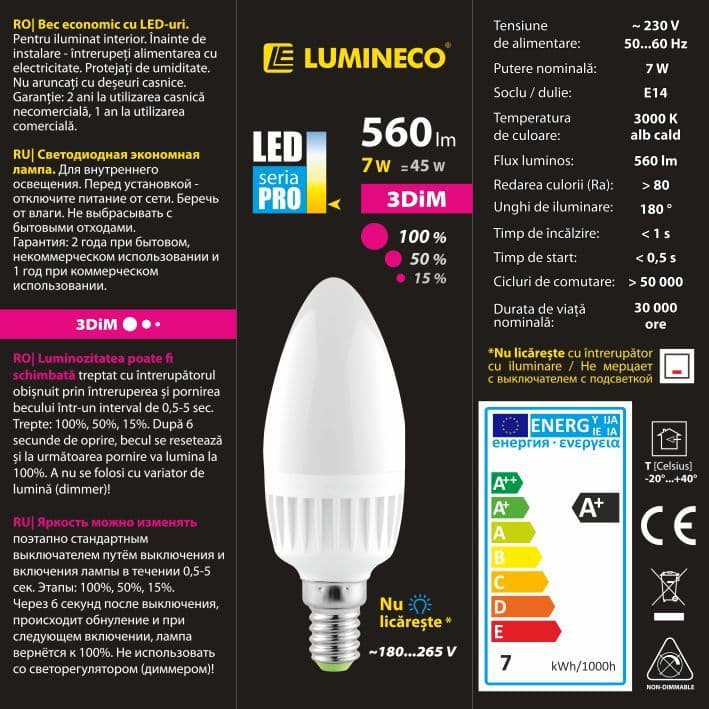 Bec LED LUMINECO PRO 3DIM C37 7W E14 3000K