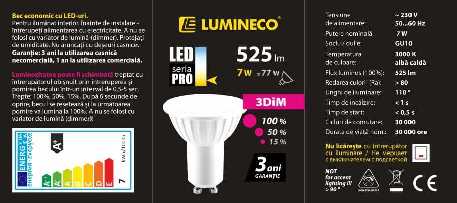 Bec LED LUMINECO PRO 3DIM PAR16 7W GU10 3000K