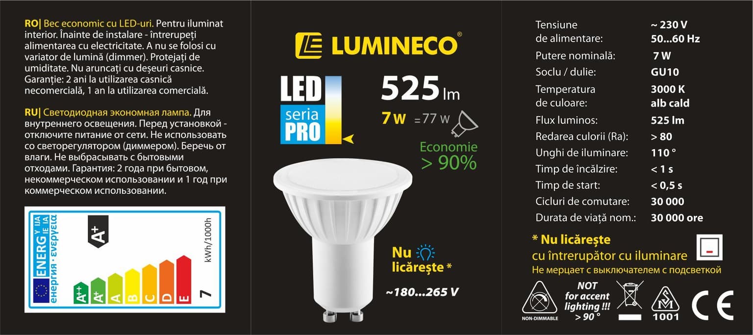 Bec LED Lumineco PRO PAR16 7W GU10 3000K